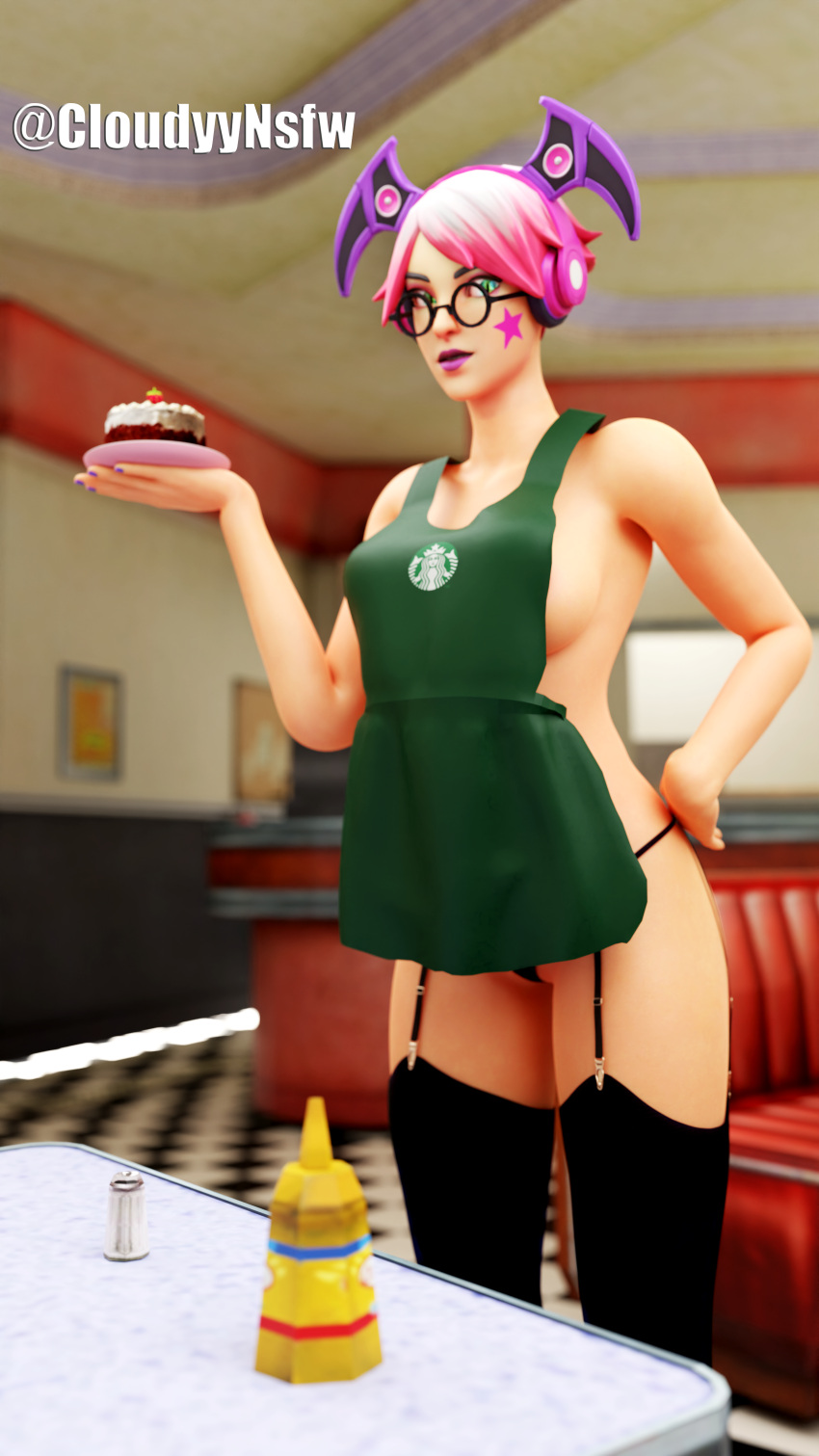 1girls 3d 3d_(artwork) black_lingerie blender callisto_(fortnite) cloudyynsfw female female_only fortnite fortnite:_battle_royale headphones lenses lingerie looking_at_viewer partially_clothed pink_hair slice_of_cake source_request star_tattoo starbucks waitress