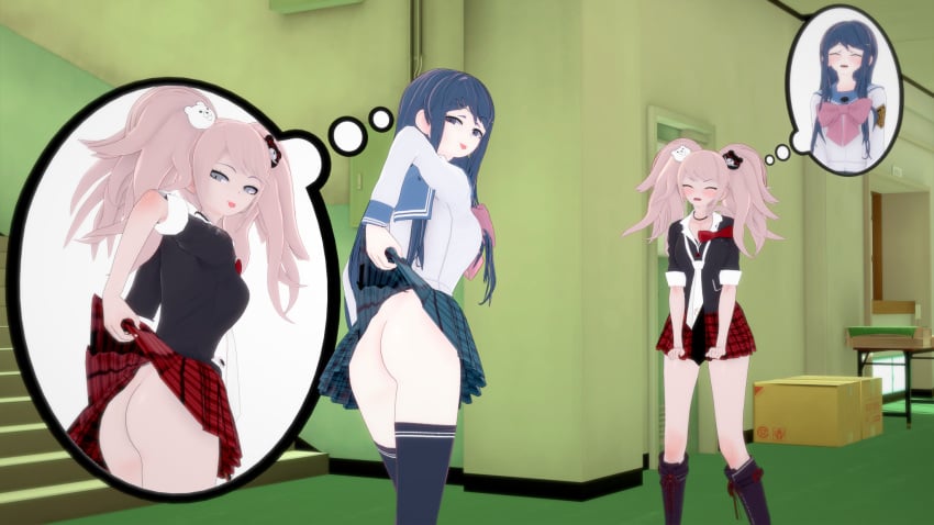 3d ass body_swap danganronpa danganronpa:_trigger_happy_havoc danganronpa_1 embarrassed embarrassed_nude_female enf exposed exposed_ass female junko_enoshima koikatsu large_ass maizono_sayaka mind_swap no_panties nude straight_hair ultimateenf upskirt