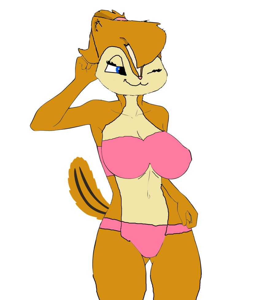 akatsukishiranui-fox alluring alvin_and_the_chipmunks anthro big_breasts bikini blue_eyes brittany_and_the_chipettes brittany_miller chipmunk edit female pin_up redbug wink