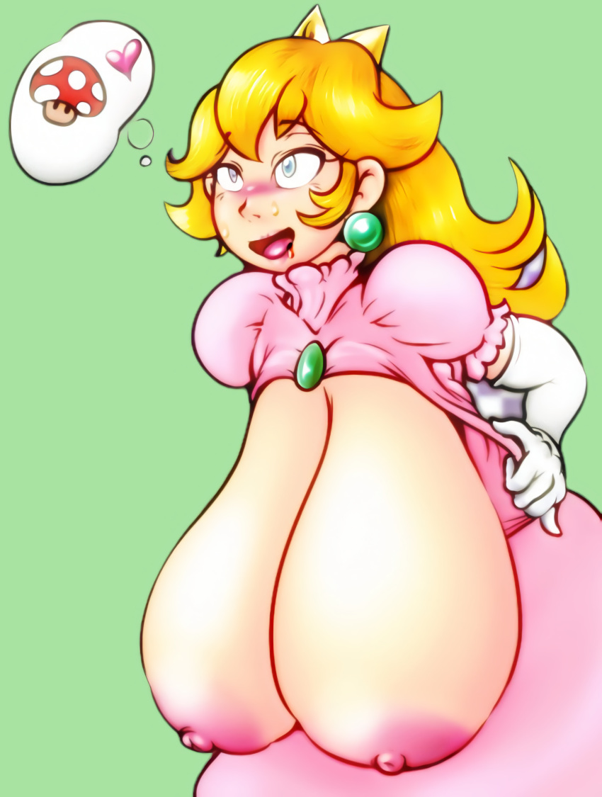 a-c_(adobel57) blonde_hair blush breasts_bigger_than_head drooling excessive_size hanging_breasts huge_breasts mario_(series) massive_breasts mushroom princess_peach speech_bubble super_mario_bros. super_mushroom tagme