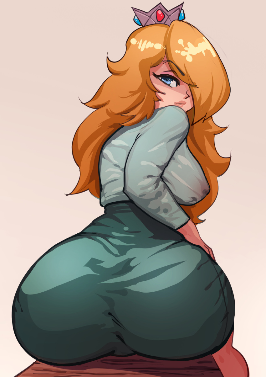 1girls 2022 alternate_breast_size ass ass_focus bimbo blonde_hair blue_eyes breasts clothed clothed_female crown female female_only gakibaki hair_over_one_eye hips huge_ass huge_breasts long_hair looking_at_viewer mario_(series) naughty_face nintendo nipples_visible_through_clothing princess_rosalina sideboob slim_waist solo thick_ass wide_hips