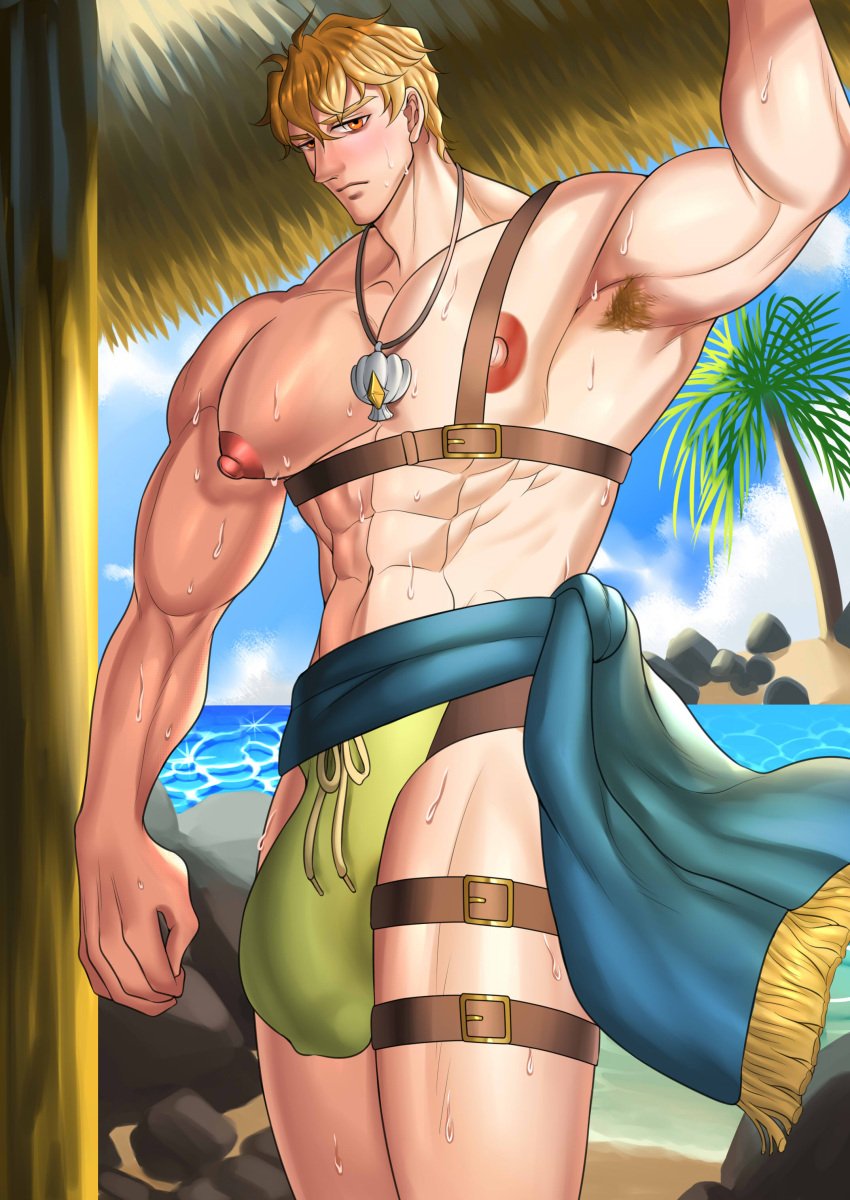 1boy abs armpit_hair armpits bara beach big_bulge big_chest big_nipples blonde_hair bulge gay male_only manboobs muscular_male nu:_carnival quincy_(nu:_carnival) solo thechecking yaoi