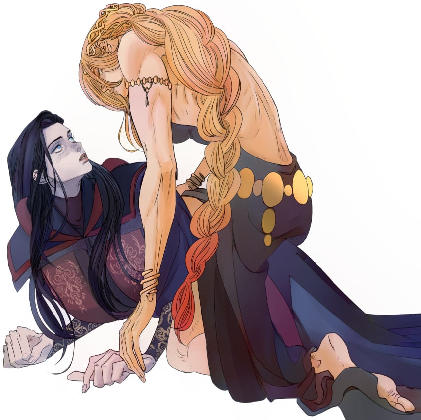 2girls big_breasts circlet cleavage clothing couple dress elden_ring female female_only fromsoftware goddess kissing marceline2174 queen_marika_the_eternal rennala_queen_of_the_full_moon yuri