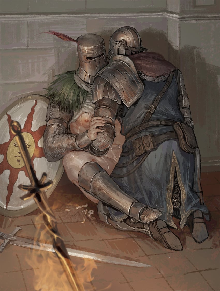 2boys armor bare_chest bodily_fluids bottomless chosen_undead dark_souls detailed detailed_background fromsoftware functionally_nude gay genital_fluids helmet implied_sex indoors intimate kneeling knight male male_only masked masked_male painting_(artwork) partially_clothed pilgrim_(silentreverie) romantic_ambiance sitting solaire_of_astora sweat sword weapon yaoi