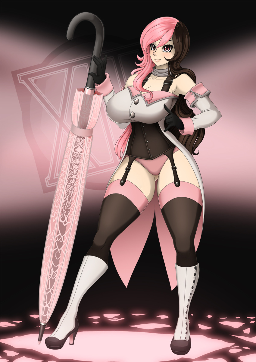 1girls big_breasts black_eyes black_hair boots bottomwear breasts clothing female female_only full_body garter_straps heels heterochromia high_heel_boots high_heels hush_(rwby) leggings legs neo_(rwby) parasol pink_eyes pink_hair rwby solo solo_female thick_thighs thighs topwear two_tone_hair voluptuous waifuholic weapon