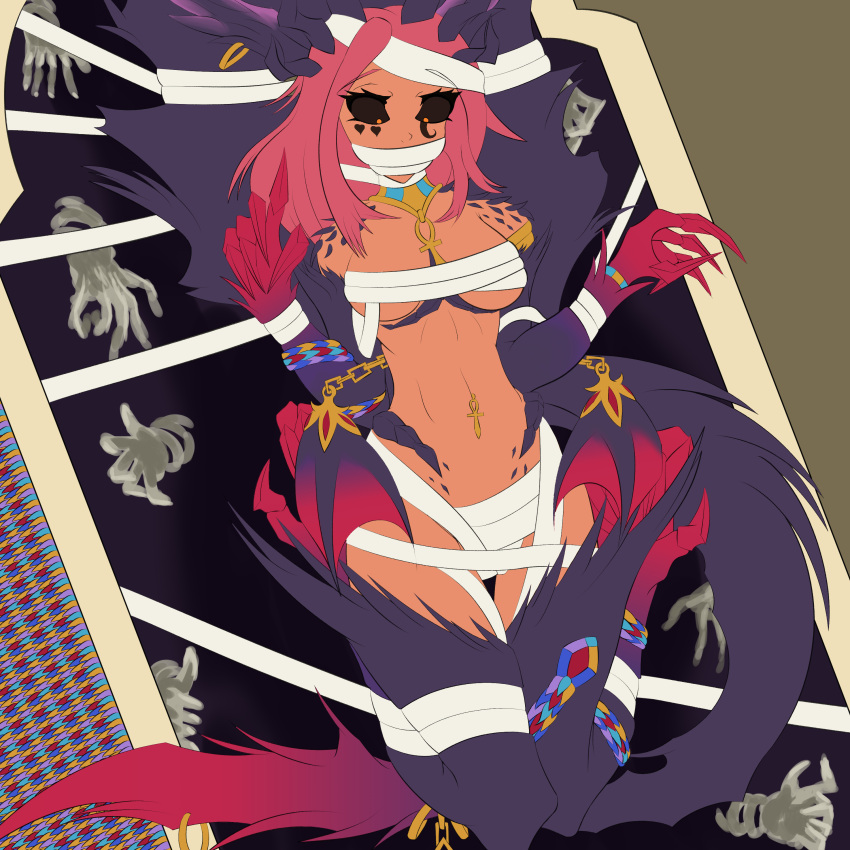 bandages big_breasts black_sclera bondage bound bound_arms bound_legs cameltoe dark-skinned_female dark_skin dragon egyptian horns indie_virtual_youtuber mummy_costume mummy_wrappings navel navel_piercing no_shading orange_eyes pink_hair tail trickywi virtual_youtuber wight-troox wings