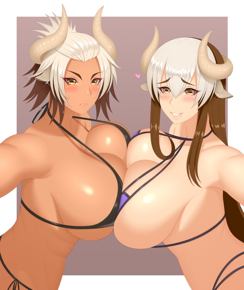 2girls animal_ears big_breasts bikini blacksaikou blush bovine bovine_humanoid bra breasts brown_hair cara_(monster_musume) color colored female female_only heart horns huge_breasts large_breasts long_hair looking_at_viewer mil_(monster_musume) minotaur minotaur_female monster_girl monster_musume_no_iru_nichijou multiple_girls panties pressing_breasts_together simple_background two_tone_hair white_hair