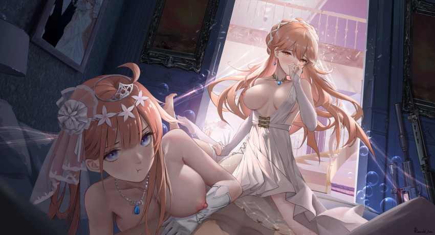 1boy 2girls :t absurdres ahoge artist_name bangs bare_shoulders barefoot blue_eyes blue_gemstone blush braid breasts bride bubble chinese_commentary cleavage clothed_female_nude_male collarbone commission crying dress elbow_gloves eyebrows_visible_through_hair fal_(girls'_frontline) fal_(the_big_day)_(girls'_frontline) feet ffm_threesome fingerless_gloves flower gem girls'_frontline gloves gun hair_flower hair_ornament hair_ribbon hand_on_another's_thigh highres implied_sex indoors jewelry lace-trimmed_legwear lace_trim large_breasts light-skinned_female light-skinned_male light_skin long_hair looking_at_viewer lying multiple_girls necklace nipples no_bra nude on_bed on_person on_stomach one_breast_out orange_eyes orange_hair ots-14_(destined_love)_(girls'_frontline) ots-14_(girls'_frontline) out_of_frame pendant pov ribbon rifle roundschen side_ponytail sidelocks signature single_thighhigh sitting sitting_on_person soles straight sweat swept_bangs tears thighhighs threesome toes veil very_long_hair weapon wedding_dress white_dress white_gloves white_legwear white_ribbon