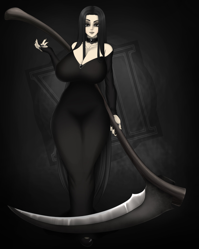 1girls big_breasts black_dress black_eyes black_hair cleavage curvaceous curvy curvy_figure dress female female_only full_body goth hips huge_breasts large_breasts legs lips long_hair mature mature_female mature_woman milf morticia_addams mother neckwear scythe solo solo_female the_addams_family thick_thighs thighs waifuholic weapon wide_hips