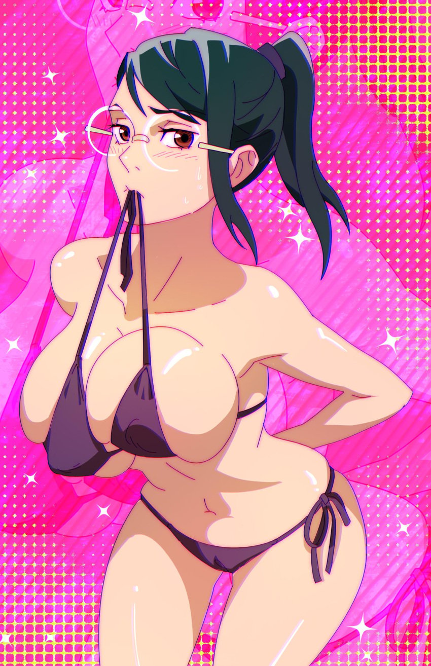 1girls 38jxl bikini breasts female female_only glasses green_hair jujutsu_kaisen jujutsu_kaisen_0 outrageouswork solo solo_female zenin_maki