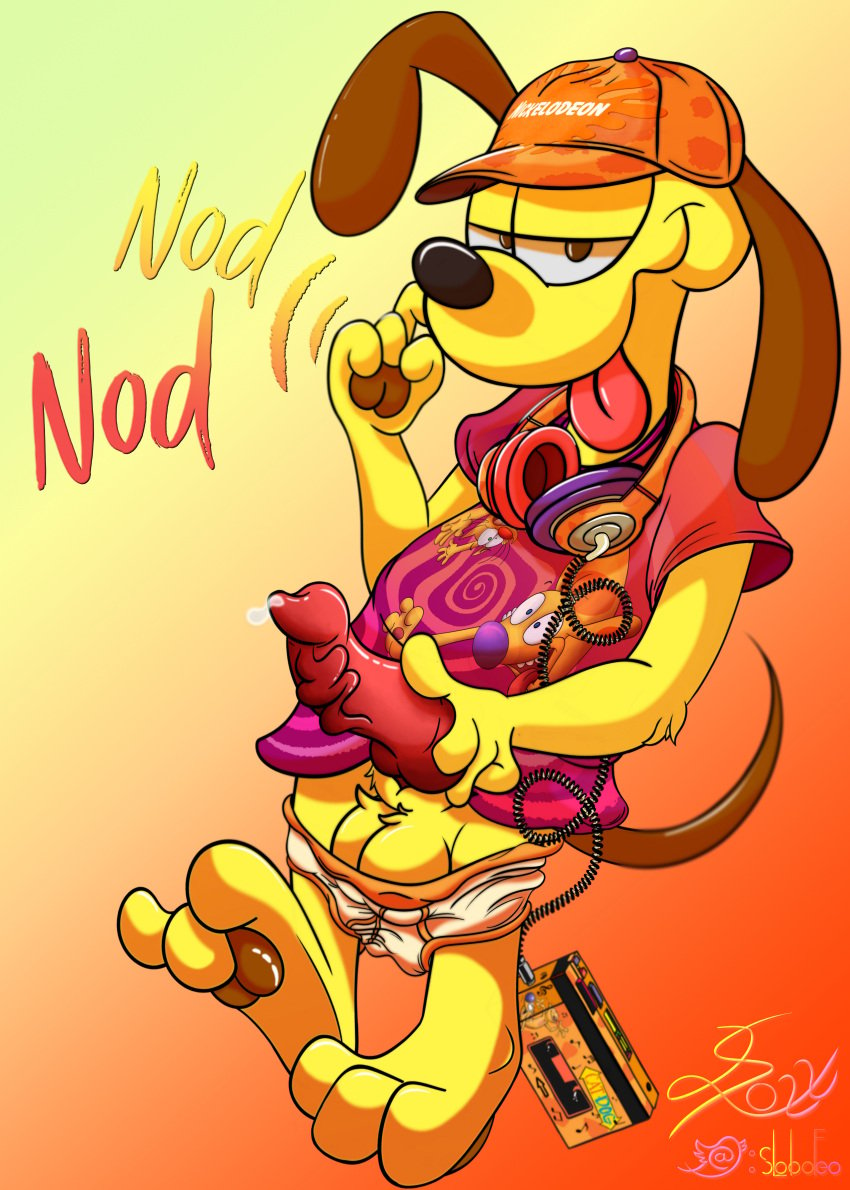 absurd_res bottomless bottomless_male canid canine canis catdog_(series) clothed clothing crossover domestic_dog feral garfield_(series) genitals hat headgear headphones headphones_around_neck headwear hi_res knot lobofeo male male_only mammal nickelodeon odie paramount_pictures partially_clothed paws paws,_inc. penis solo underwear underwear_down vein veiny_penis walkman wet wet_clothing wet_underwear