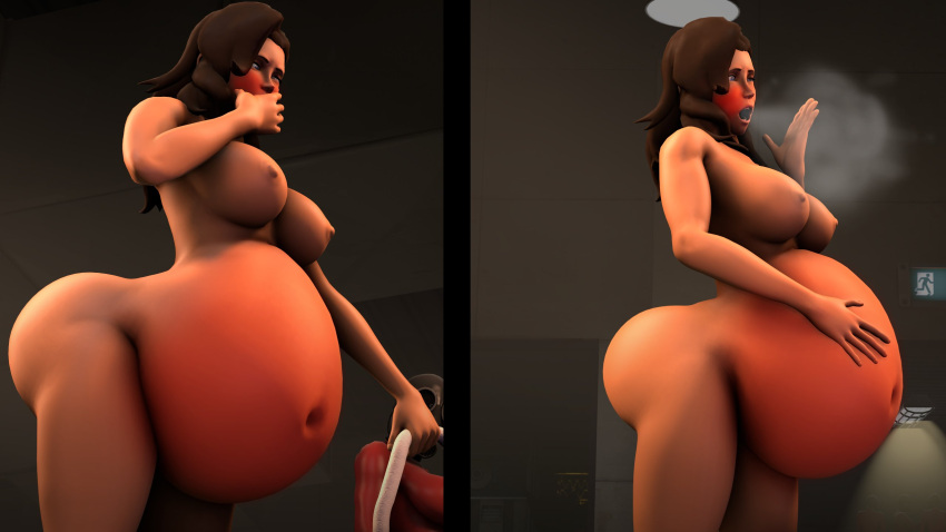 3d belly belly_inflation big_belly breasts burp burping female fempyro femscout femscout_(alt_design) holydazza huge_belly inflated inflated_belly inflation nipples team_fortress_2