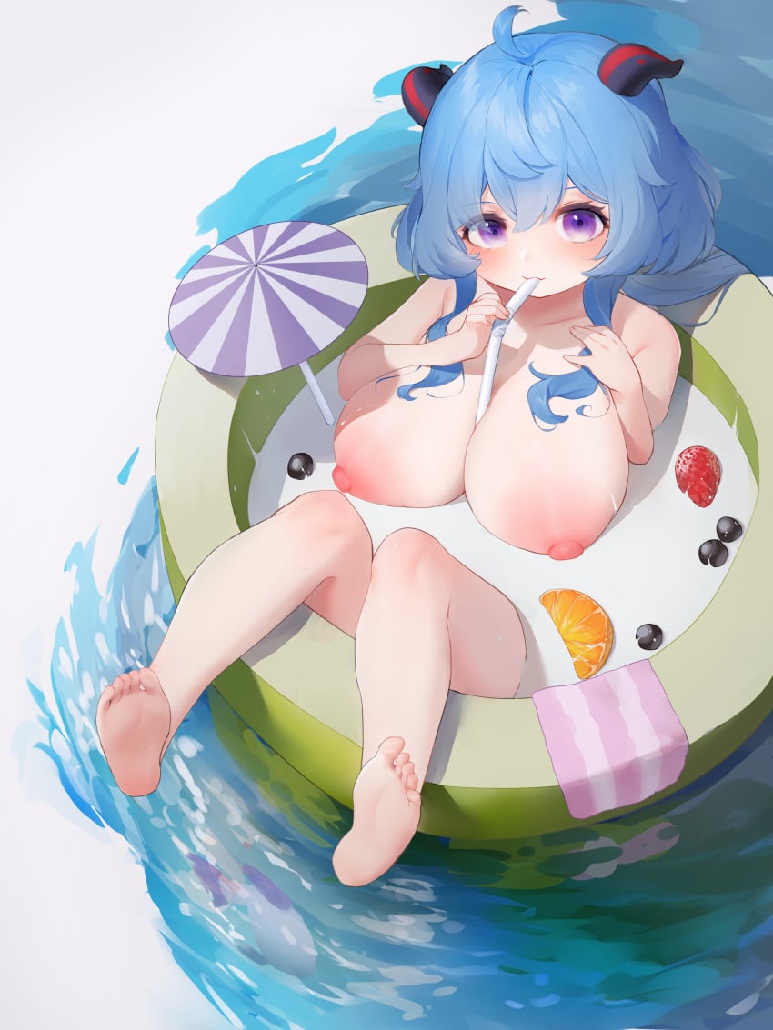 1girls ahoge areolae blue_eyes breasts fruit ganyu_(genshin_impact) genshin_impact girl_in_a_cup highres horn huge_breasts in_cup large_breasts long_hair looking_at_viewer naked nipples nude purple_hair simple_background sitting solo straw yashemao_qishi