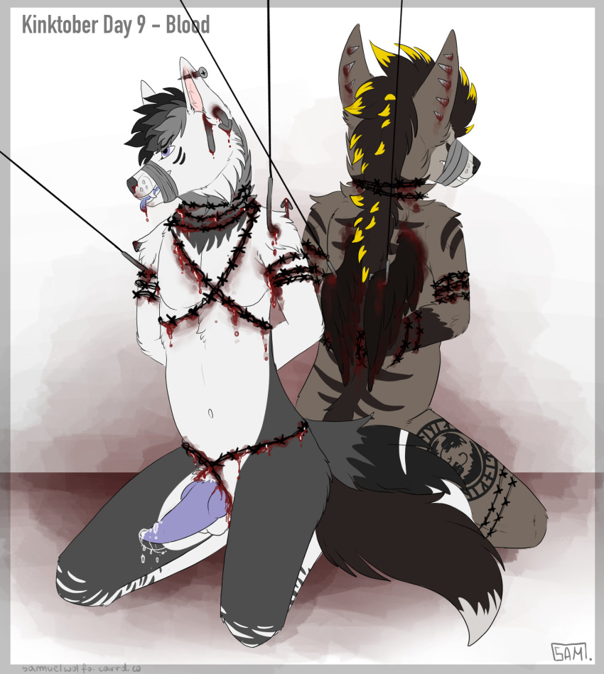 aardwolf anthro barbed_wire blood blood_on_face bodily_fluids bound canid canine canis character_request duo genitals gore hi_res hook hooks hyaenid kinktober knot male male/male mammal original original_character original_characters penis samuelwolfo tied_together wolf wounded