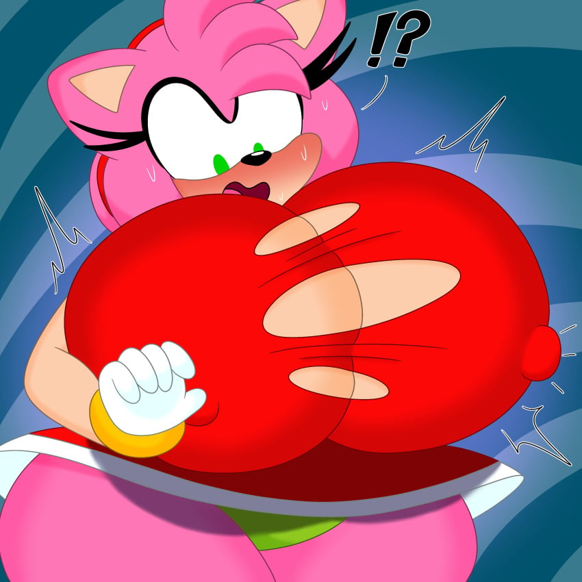 !? 1girls 3barts amy_rose anthro big_breasts blush breast_expansion breasts cleavage eyelashes female female_only green_eyes hedgehog huge_breasts large_breasts nipple_expansion nipples nipples_visible_through_clothing no_bra sega sonic_(series) tearing_clothes tearing_open_top thick_thighs unexpected_expansion wide_hips