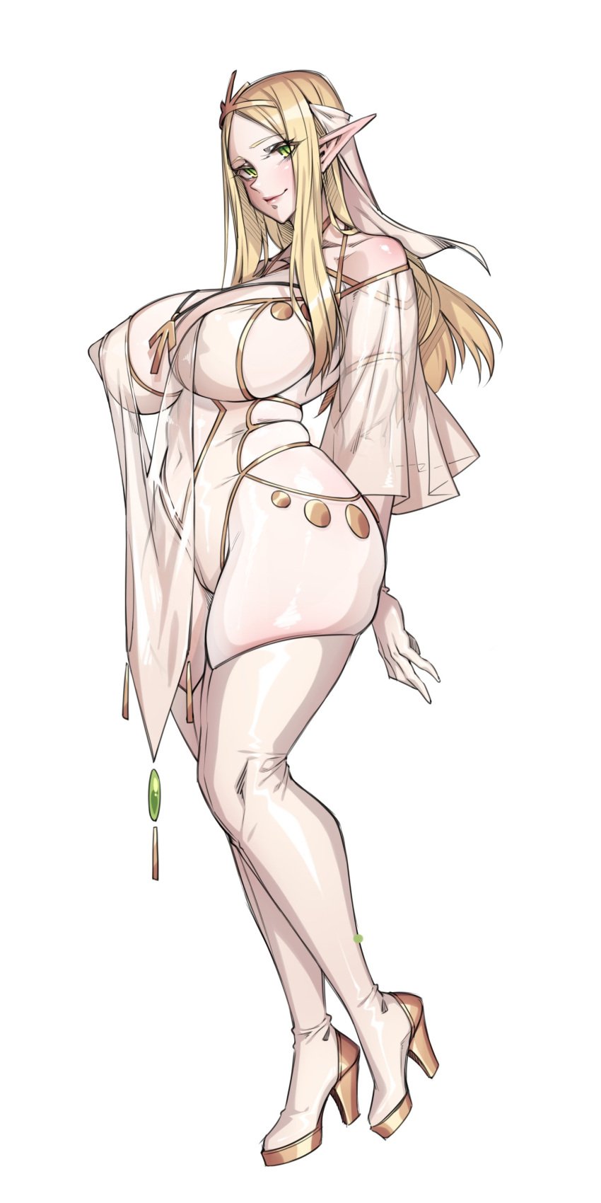 1girls big_breasts blonde_female blonde_hair elf full-length_portrait green_eyes heels high_heels long_hair naidong priestess thighhighs white_highlights yin-ting_tian