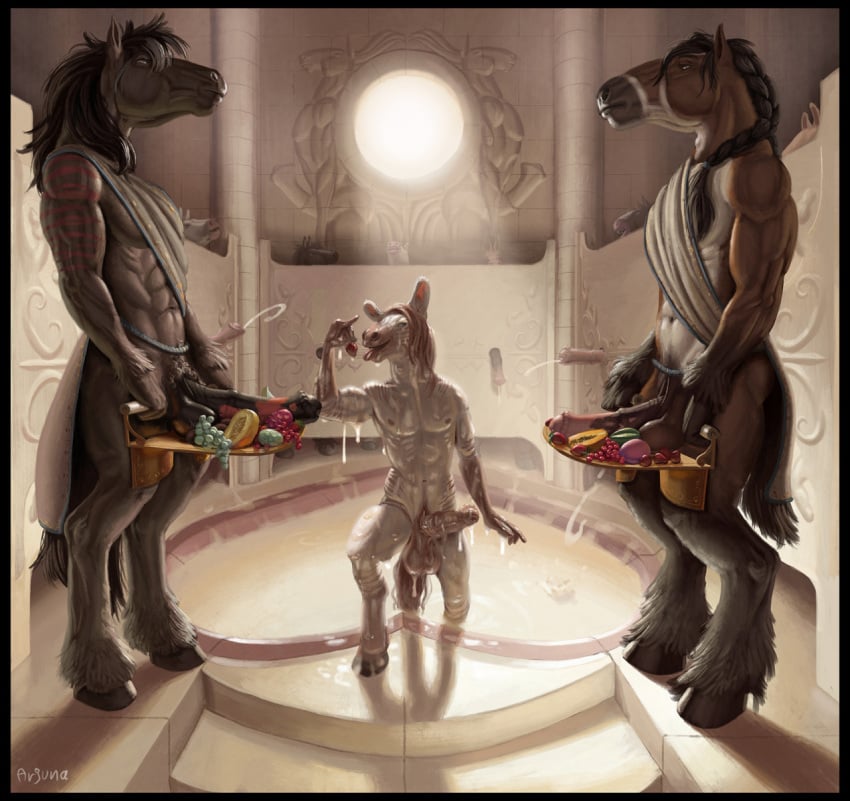 anthro arjuna bodily_fluids cum cum_pool equid equine food genital_fluids group hi_res horse male male/male mammal trio zebra