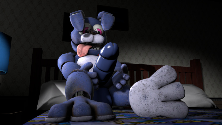 1boy 3_toes 3d balls bed bedroom big_balls big_penis bonnie_the_bunny feet five_nights_at_freddy's furniture genitals hi_res male male_only on_bed paws penis scottgames sitting sitting_on_bed solo solo_male surprise toes tongue tongue_out video_games