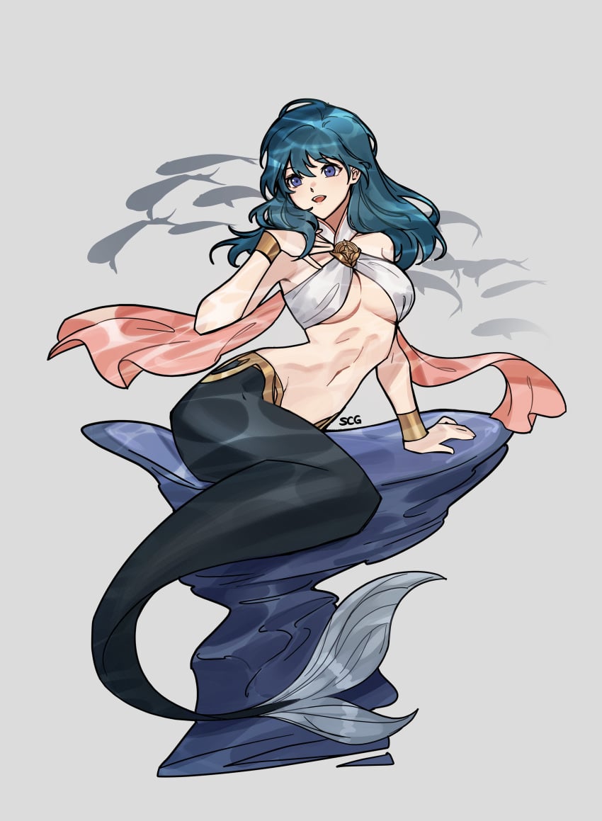 1girls absurdres alternate_costume arm_support blue_eyes blue_hair breasts byleth_(fire_emblem) byleth_(fire_emblem)_(female) cleavage commentary english_commentary eyebrows_visible_through_hair female female female_only fire_emblem fire_emblem:_three_houses full_body grey_background hair_between_eyes highres korean_commentary medium_breasts mermaid mixed-language_commentary monster_girl navel nintendo open_mouth silvercandy_gum simple_background sitting solo teal_hair teeth tongue underboob watermark