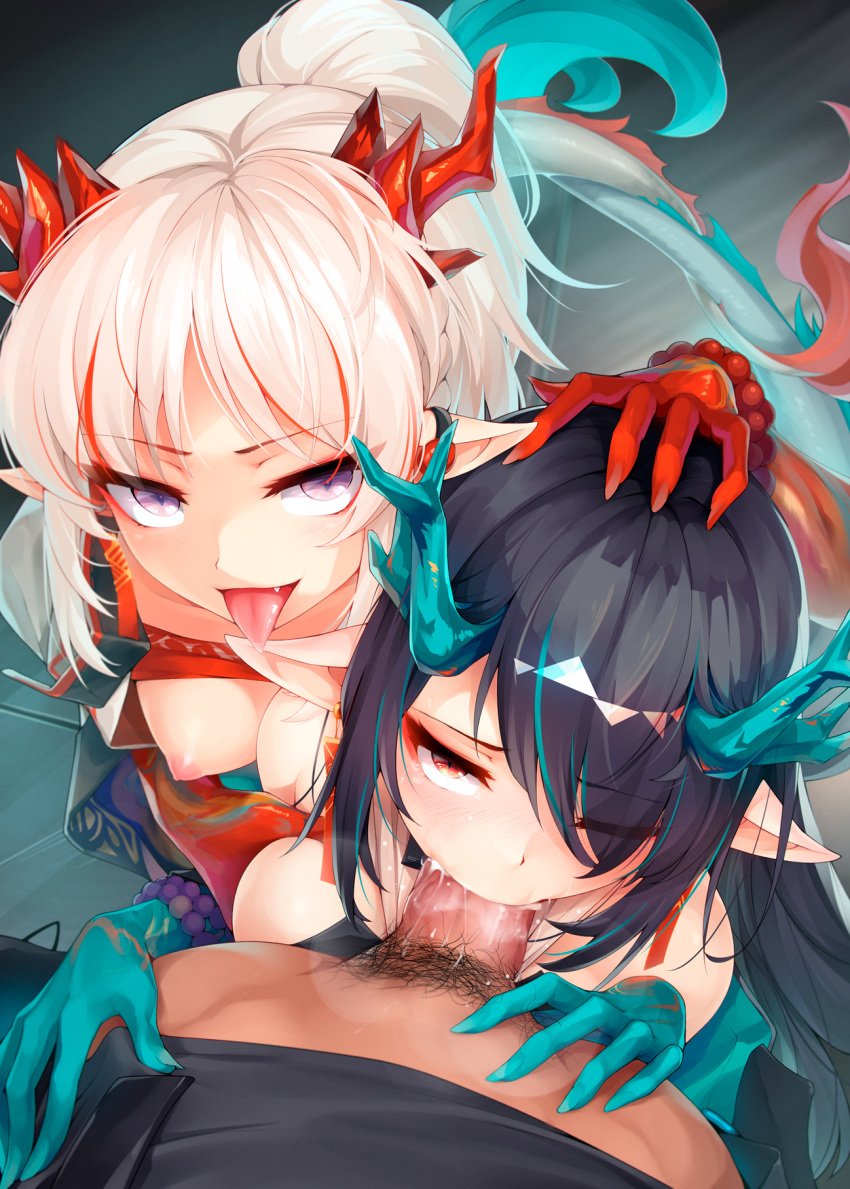 1boy 2girls arknights assisted_fellatio bangs bead_bracelet beads black_hair blue_hair bracelet braid breasts cock_hungry commentary doctor_(arknights) dragon_horns dragon_tail dusk_(arknights) english_commentary eyebrows_visible_through_hair eyes_visible_through_hair fellatio ffm_threesome hair_over_one_eye hand_on_another's_head highres hood hoodie horns jewelry kerasu large_breasts looking_at_viewer male_pubic_hair multicolored_hair multiple_girls nian_(arknights) nipples oerba_yun_fang one_eye_closed open_mouth oral penis pointy_ears ponytail pov pubic_hair purple_eyes red_eyes red_hair ricegnat sexual_coaching side_braid sisters streaked_hair tail teamwork threesome tongue tongue_out tsurime two-tone_hair white_hoodie wince