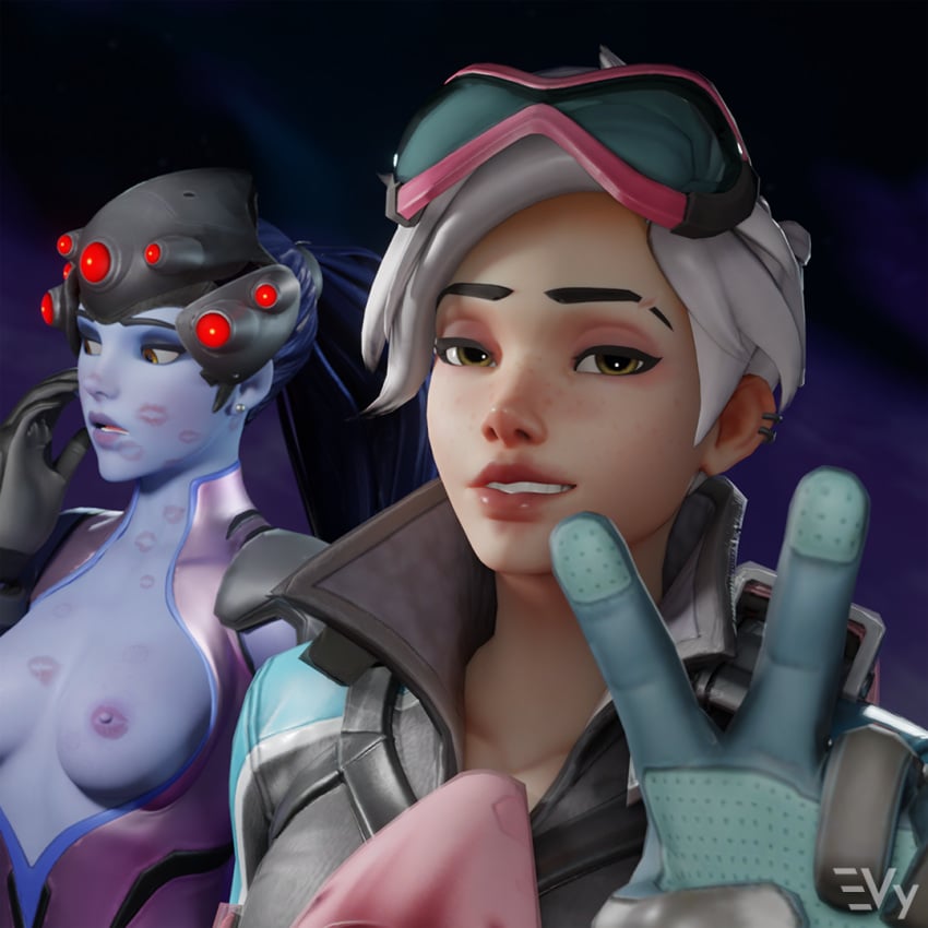 2girls 3d blender blizzard_entertainment blue_skin exposed_breasts eyewear_on_head kiss_mark lipstick lipstick_mark lipstick_on_breast lipstick_on_nipple lipstick_smear lots_of_lipstick_marks nipples overwatch smile smiling_at_viewer tagme tracer v_sign vulpeculy widowmaker yuri