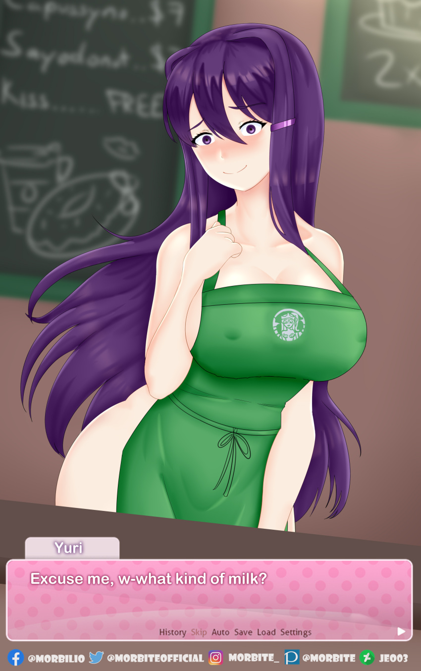 apron apron_only big_ass big_breasts breasts ddlc_text_box doki_doki_literature_club female hourglass_figure long_hair morbite naked_apron purple_eyes purple_hair starbucks thick_thighs yuri_(doki_doki_literature_club)