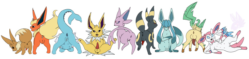 4girls 5boys absurd_res all_nine_eeveelutions animal_genitalia animal_penis ass blacky_(pokemon) blue_body booster_(pokemon) brown_body eevee eeveelution eievui eifie_(pokemon) espeon female feral flareon genitals glaceon glacia_(evolution) group hi_res jolteon leafeon leafia long_image male nintendo nymphia orange_body penis pink_body pokemon pokemon_(species) presenting presenting_penis presenting_pussy pussy rear_view ronoae showers_(pokemon) sylveon thunders umbreon vaporeon video_games white_body wide_image yellow_body