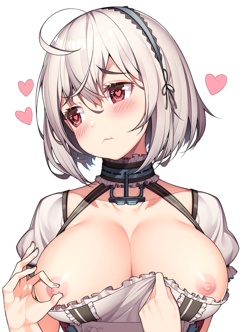 absurdres ahoge azur_lane blush breasts closed_mouth female hair_between_eyes hairband heart heart-shaped_pupils highres hop3 lace-trimmed_hairband lace_trim large_breasts nipple_tweak nipples puffy_short_sleeves puffy_sleeves red_eyes short_hair short_sleeves silver_hair simple_background sirius_(azur_lane) solo symbol-shaped_pupils white_background