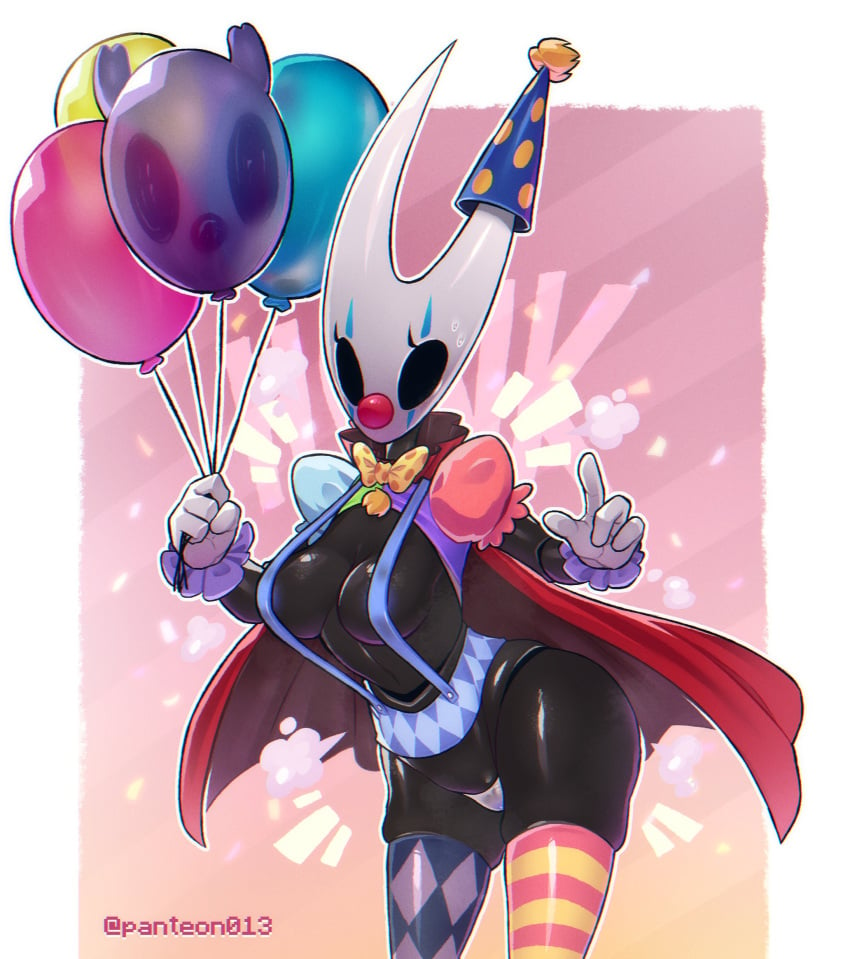 1girls anthro balloon balloons barely_clothed black_body blush cleavage cloak clothing clown clown_girl clown_makeup clown_nose clussy empty_eyes eyelashes female female_only gloves hi_res hollow_knight horn hornet_(hollow_knight) horns insect insect_girl insects meme panteon013 parody shiny_skin solo sweat team_cherry thighhighs