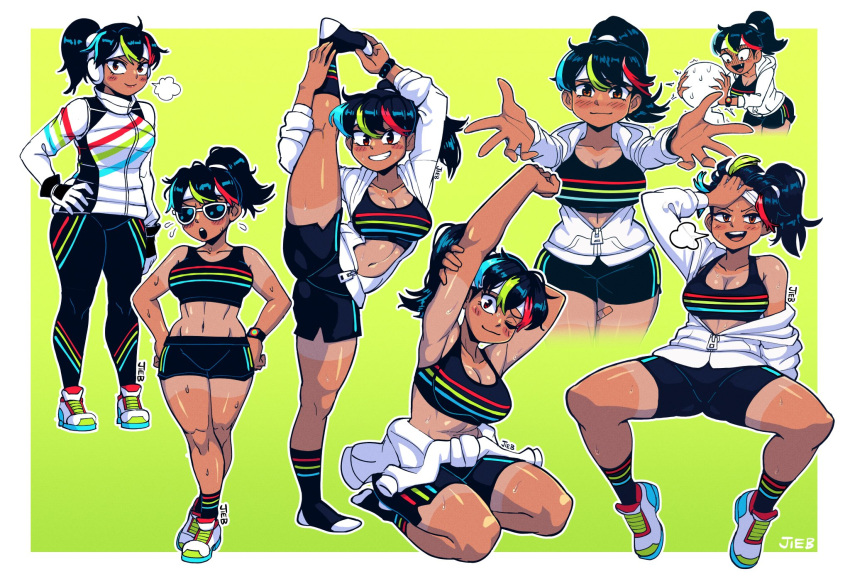 bandaid breasts dark-skinned_female dark_skin jieb legwear looking_at_viewer multicolored_hair my_little_pogchamp_(meme) ponytail sports_bra sportswear sweat thighs tomboy yeet-chan