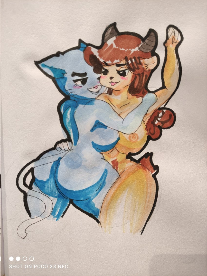 2girls anthro ass breasts chun-ni domestic_cat domestic_goat felid feline felis furroanexo goat goat_horns looking_at_viewer miracle_star multiple_girls nicole_watterson nipples the_amazing_world_of_gumball traditional_art traditional_media traditional_media_(artwork) twitter_username