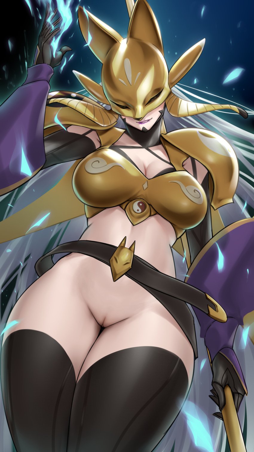 armor bandai_namco belt biting_lip breasts digimon digimon_(species) digimon_tamers edit female hi_res highres legwear masked_female matrix_evolution pussy sakuyamon solo solo_female somebody white_hair ying_yang_symbol