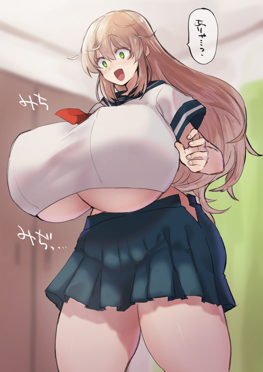 1girls 2022 bakunyuu blonde_hair green_eyes hourglass_figure huge_breasts massive_breasts nahcegalliv nipple_bulge original original_character overflowing_breasts solo solo_female tagme underboob