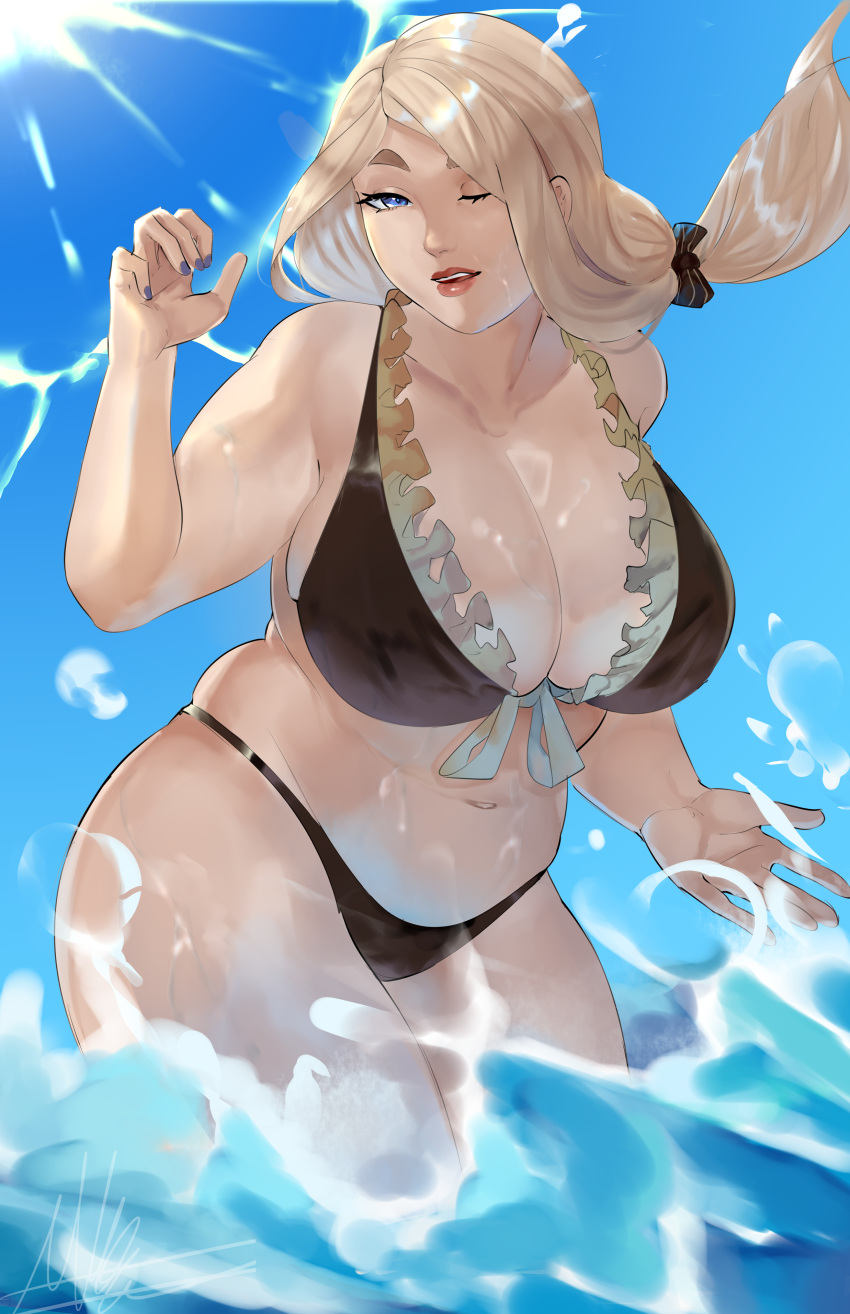 1girls absurdres alternate_costume bikini black_bikini black_swimsuit blonde_hair blue_nails breasts brown_bikini brown_swimsuit chubby chubby_female cleavage curvy female female_only fire_emblem fire_emblem:_three_houses fire_emblem_heroes hair_over_shoulder highres huge_breasts lips long_hair mercedes_von_martritz mercedes_von_martritz_(summer) michael_lavacca nail_polish nintendo official_alternate_costume one_eye_closed plump ponytail puzzled_artist slightly_chubby solo swimsuit thick_thighs thighs voluptuous water