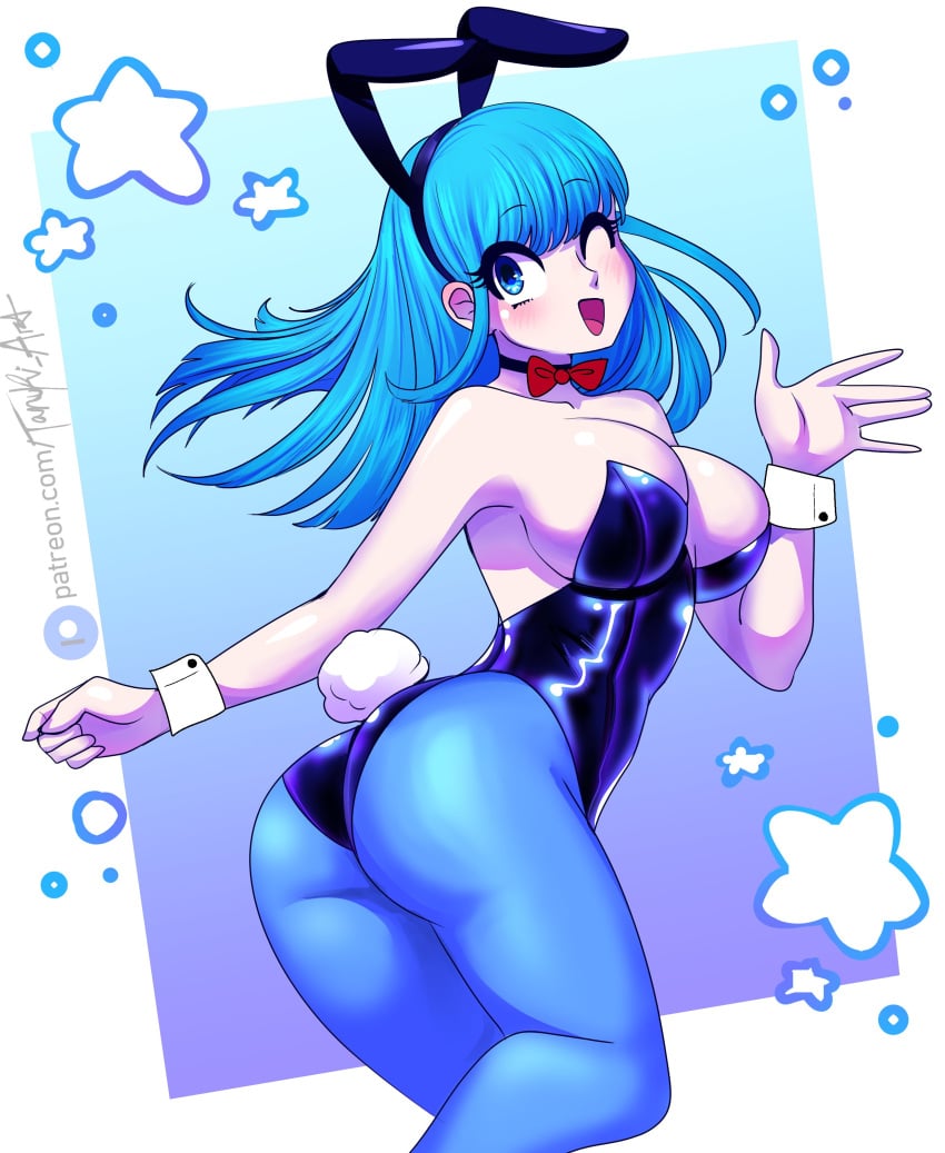 1girls ass blue_eyes blue_hair blue_pantyhose bulma_(bunny) bulma_briefs bunny_ears bunny_tail bunnysuit choker dragon_ball female female_only long_hair looking_at_viewer neck_ribbon pantyhose rumblyf smiling smiling_at_viewer solo solo_female teenager very_high_resolution wink winking_at_viewer wrist_cuffs