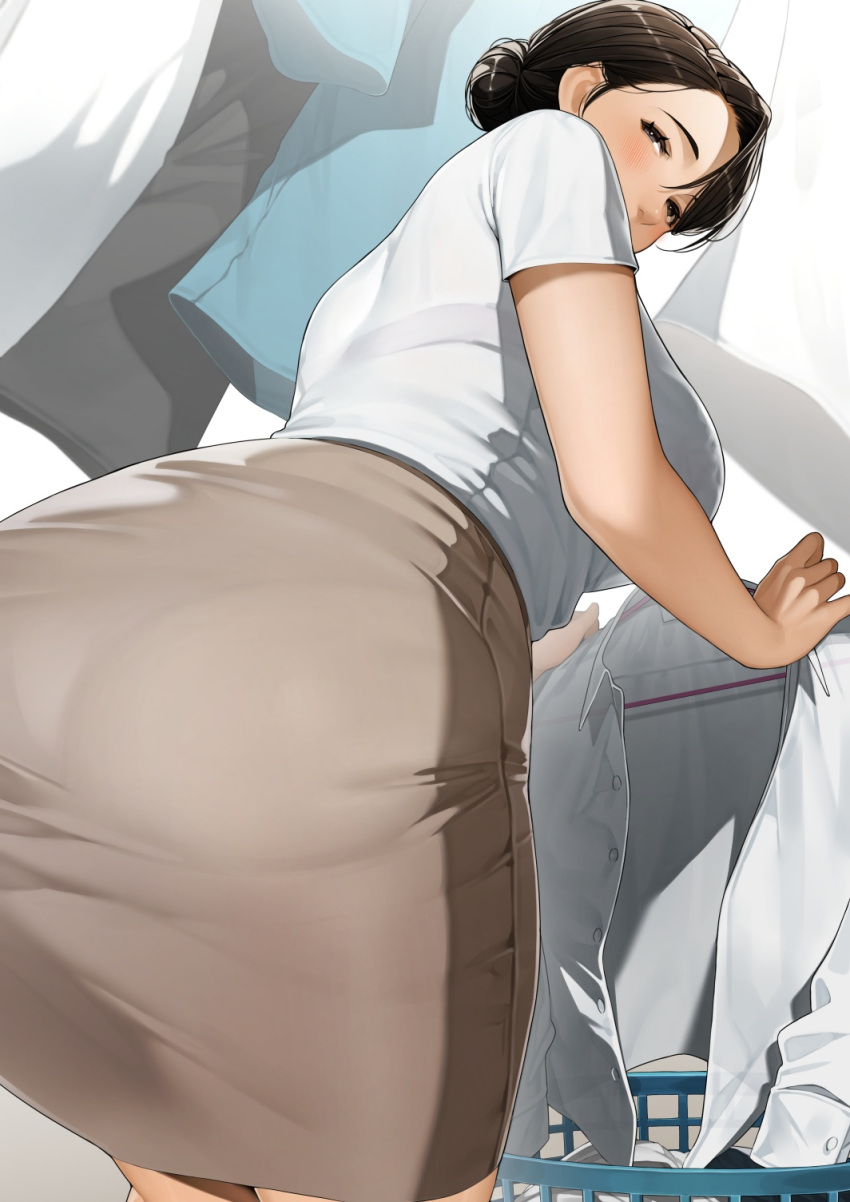 1girls ass ass_focus bangs big_ass black_eyes blouse blush breasts brown_hair brown_skirt female from_behind hair_bun highres large_breasts laundry laundry_basket looking_at_viewer mature_female milf original original_character pantylines pencil_skirt sakuranotomoruhie shirt short_sleeves skirt solo thighs white_shirt