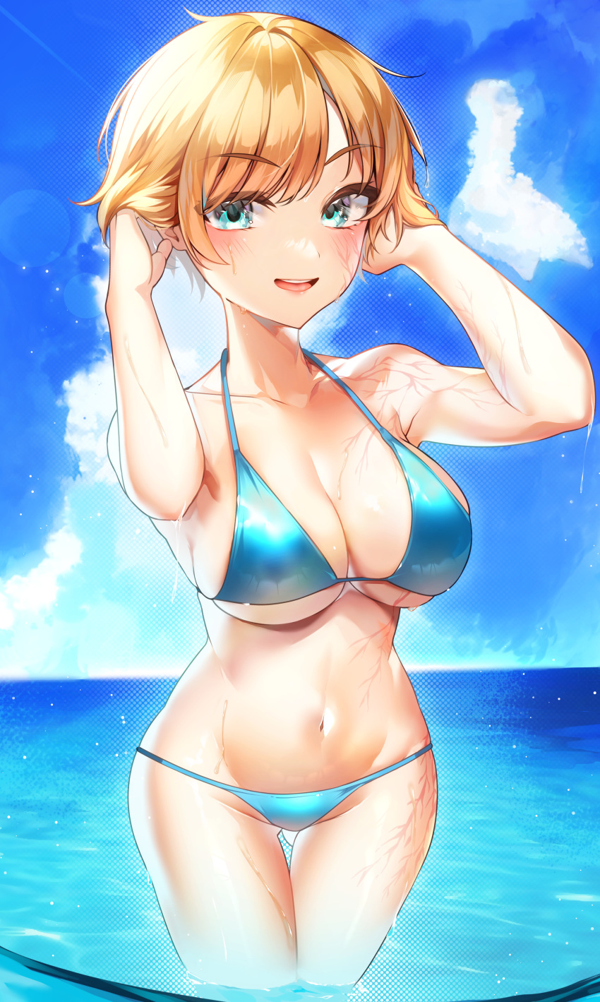 1girls absurdres apex_legends bikini blonde_hair blue_bikini blue_eyes blush breasts cleavage cloud collarbone eyebrows_visible_through_hair facial_scar hands_in_hair highres horizon lichtenberg_figure looking_to_the_side medium_breasts nitogebeto ocean open_mouth scar scar_on_cheek scar_on_face scars short_hair sky smile solo swimsuit wattson_(apex_legends)