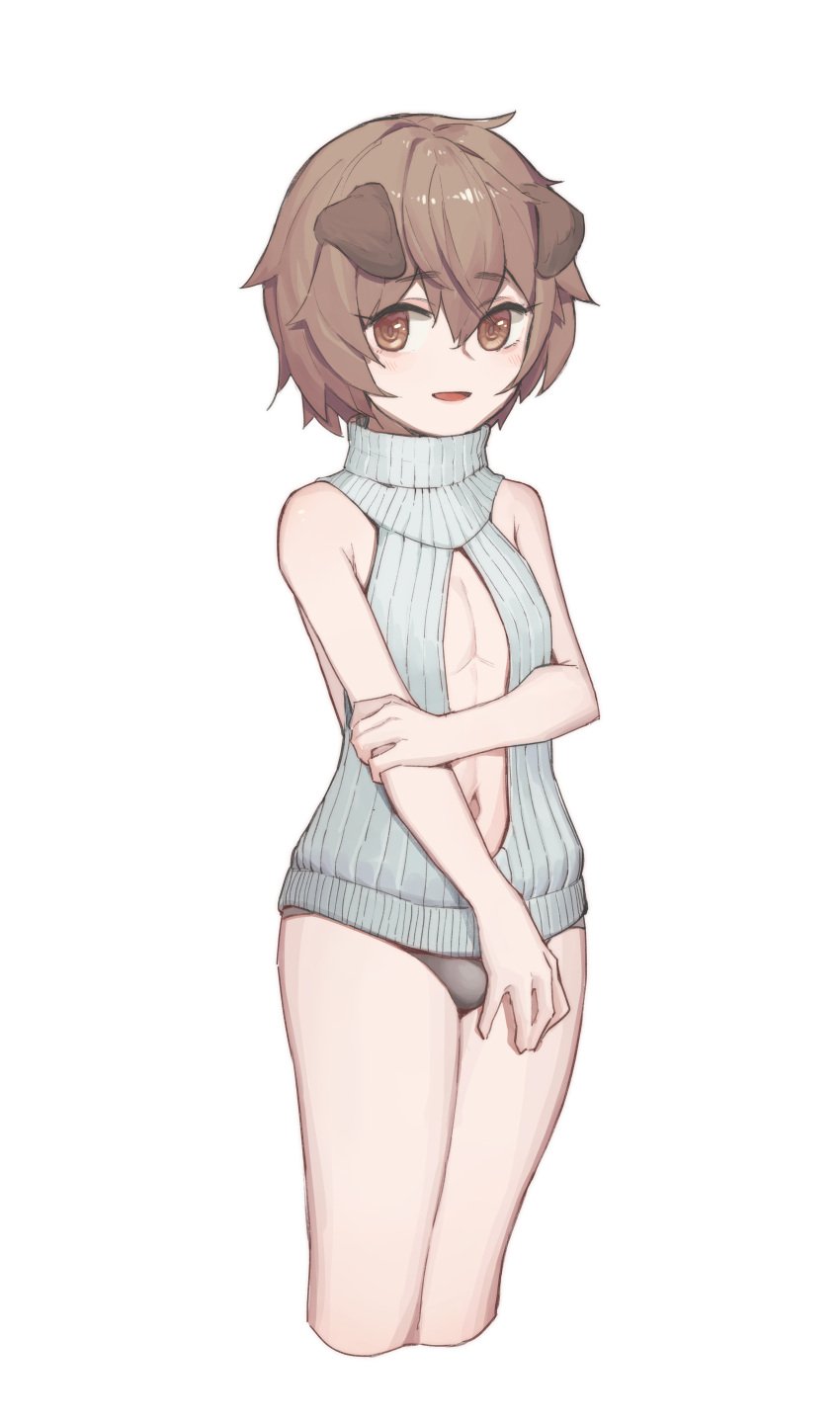 1boy 2020 absurd_res animal_ears arknights arm_grab bare_arms bare_shoulders black_panties brown_eyes brown_hair bulge crossdressing dog_boy dog_ears femboy grey_sweater greyy_(arknights) highres lan_mao_akko looking_at_viewer male male_only navel no_pants open-chest_sweater open_mouth panties ribbed_sweater short_hair simple_background sleeveless sleeveless_sweater smile solo standing stomach_cutout sweater thighs tongue trap turtleneck turtleneck_sweater underwear virgin_killer_sweater white_background