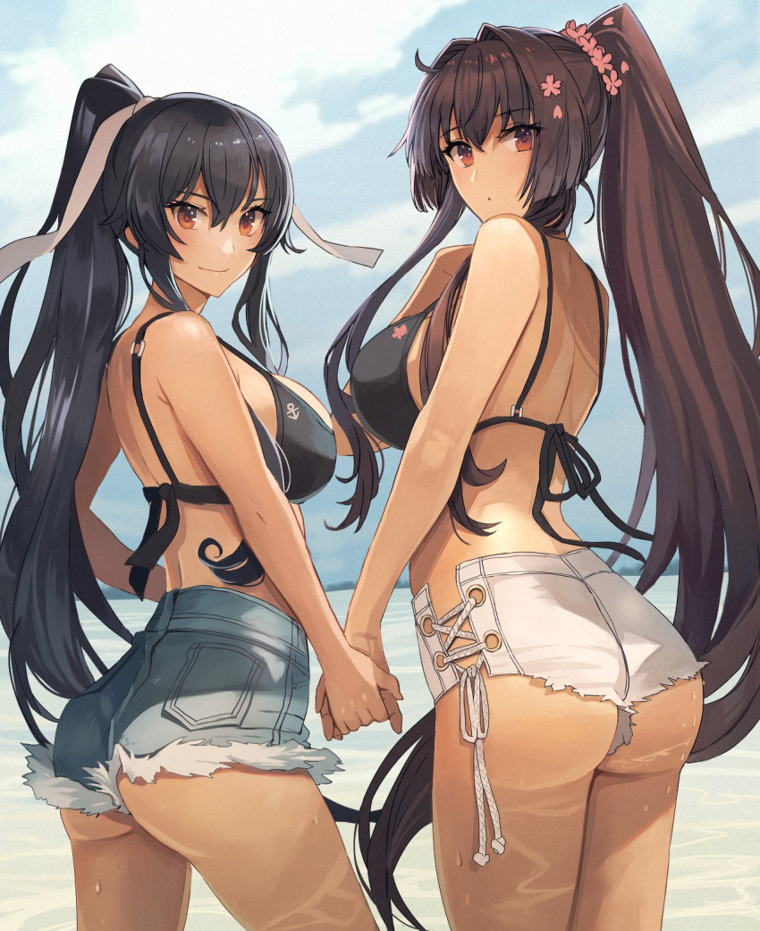 2girls :o ass back bangs bikini bikini_top_only black_hair breasts brown_hair cherry_blossoms closed_mouth cutoffs denim denim_shorts female female_only flower from_behind hair_between_eyes hair_flower hair_intakes hair_ornament hair_ribbon hand_up high_ponytail highres holding_hands kantai_collection kasumi_(skchkko) large_breasts looking_at_viewer looking_back multiple_girls parted_lips ponytail red_eyes ribbon short_shorts shorts swimsuit thighs underbutt wet white_shorts yahagi_(kantai_collection) yamato_(kantai_collection)