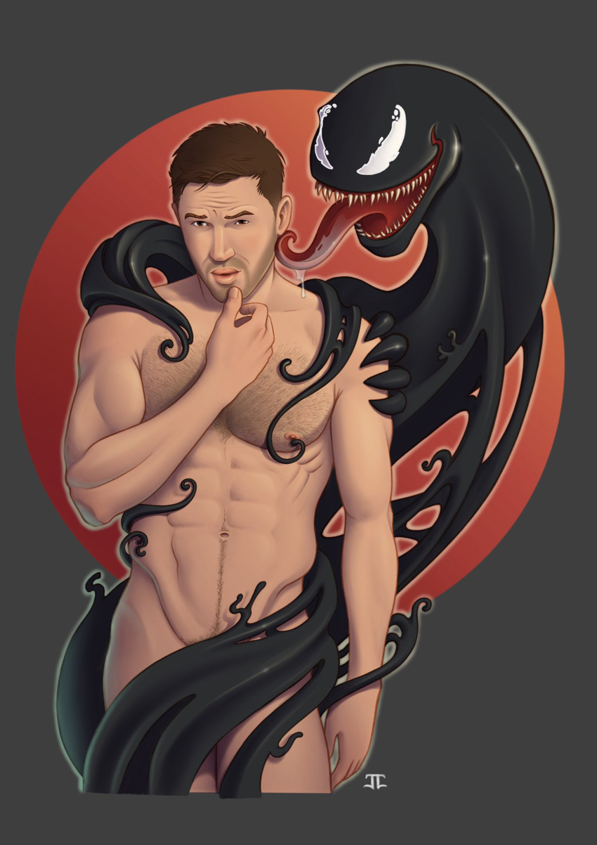 2boys abs actor alien beard_stubble body_hair brown_eyes brown_hair celebrity eddie_brock facial_hair hairy_chest human jack_off_hearts male male_only male_pubic_hair marvel muscles muscular_male pecs posing straight_hair tom_hardy tongue tongue_out venom_(2018) venom_(marvel)