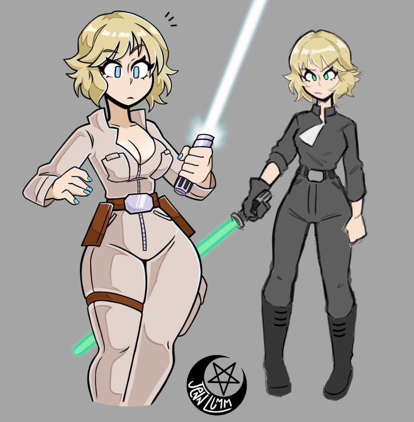 1girls 2022 blonde_hair blue_eyes blue_nails breasts cleavage clothed clothed_female clothing full_body fully_clothed gender_bender genderbend genderbent genderswap green_eyes jenlum jennlumm light_saber long_legs luke_skywalker return_of_the_jedi rule_63 samurairen short_hair single_glove solo_female standing star_wars tagme the_empire_strikes_back thick_thighs thin_female tight_clothing