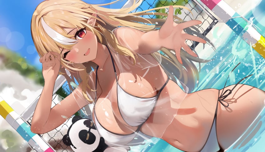 1girls bangs bikini cleavage elf elf_ears hololive hololive_fantasy hololive_japan kintsuba_(shiranui_flare) looking_at_viewer niii_(memstapak) niiisan617_(memstapak) outstretched_arms pointy_ears shiranui_flare smiling smiling_at_viewer string_bikini virtual_youtuber wet