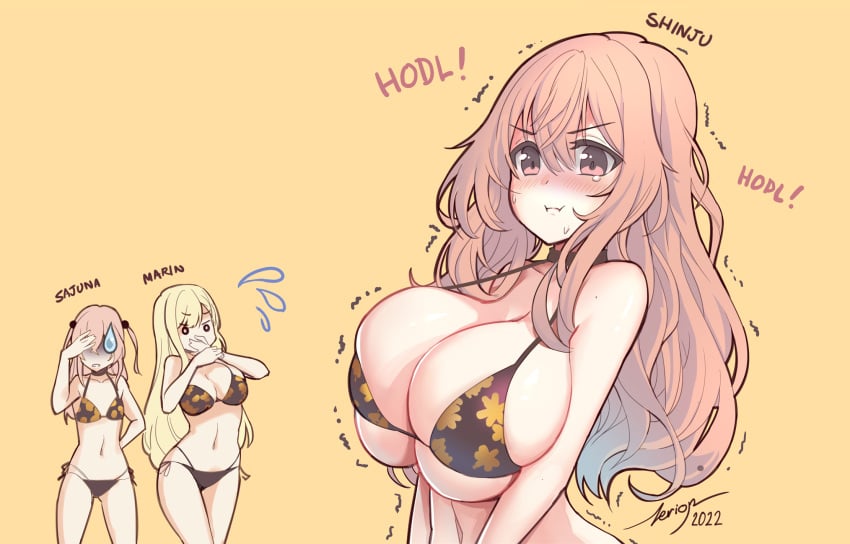 2022 3girls big_breasts bikini bra breast_envy breast_size_difference cleavage female_only flat_chest huge_breasts ill_fitting_clothing inui_sajuna inui_shinju kitagawa_marin medium_breasts sono_bisque_doll_wa_koi_wo_suru tagme tight_bikini zerion