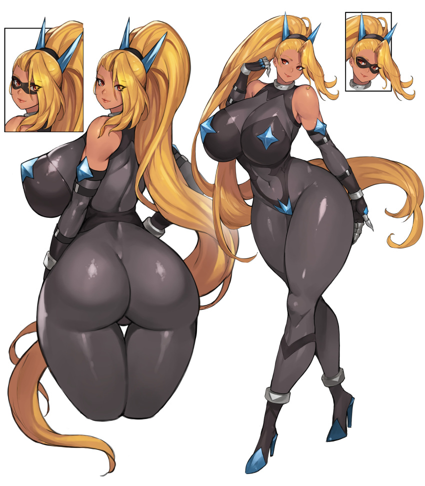 1girls 2022 amber_eyes ass ass_focus back_view bare_shoulders barely_visible_genitalia blonde_hair bodysuit breasts cameltoe clawed_fingers dark-skinned_female dark_skin detached_sleeves fat_ass female female_focus female_only front_view gurimjang gyaru kuro_gyaru large_ass large_breasts lipstick long_hair long_ponytail looking_at_viewer mask masked_female navel navel_line pasties perky_breasts ponytail skin_tight solo tagme thick_thighs thighs tight_clothing wide_hips