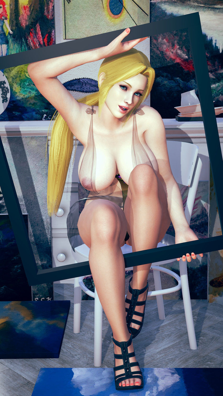 1girls 3d blonde_hair dead_or_alive framed hairbow helena_douglas high_heels huge_breasts long_hair reinhardt94 see-through_clothing voluptuous