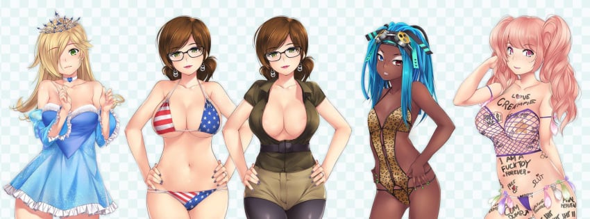 4girls alternate_costume american_flag american_flag_bikini big_breasts bikini bikini_bottom bikini_top blue_dress blue_hair body_writing brooke_belrose candace_crush cosplay dark-skinned_female dark_skin dress fake_breasts fishnet_shirt fishnets flat_chest heterochromia huge_breasts huniepop huniepop_2 kyu_sugardust large_breasts leopard_print light-skinned_female light_skin lingerie medium_breasts multiple_girls navel pantyhose pink_eyes pink_hair prostitution purple_thong shirt shorts skimpy skimpy_clothes small_breasts strapless_dress take_your_pick tally_marks thong used_condom video_games zoey_greene