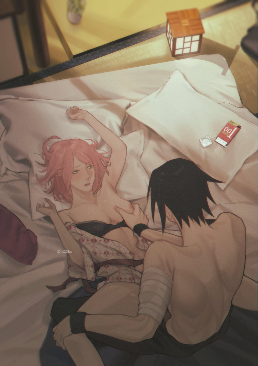 1boy 1girls black_bra black_hair boruto:_naruto_next_generations bra bra_down breast_grab breasts breasts_out clothing couple legs_apart lying_on_back male/female naruto naruto_(series) ni23ku nipples on_back pink_hair sakura_haruno sasuke_uchiha sasusaku straight