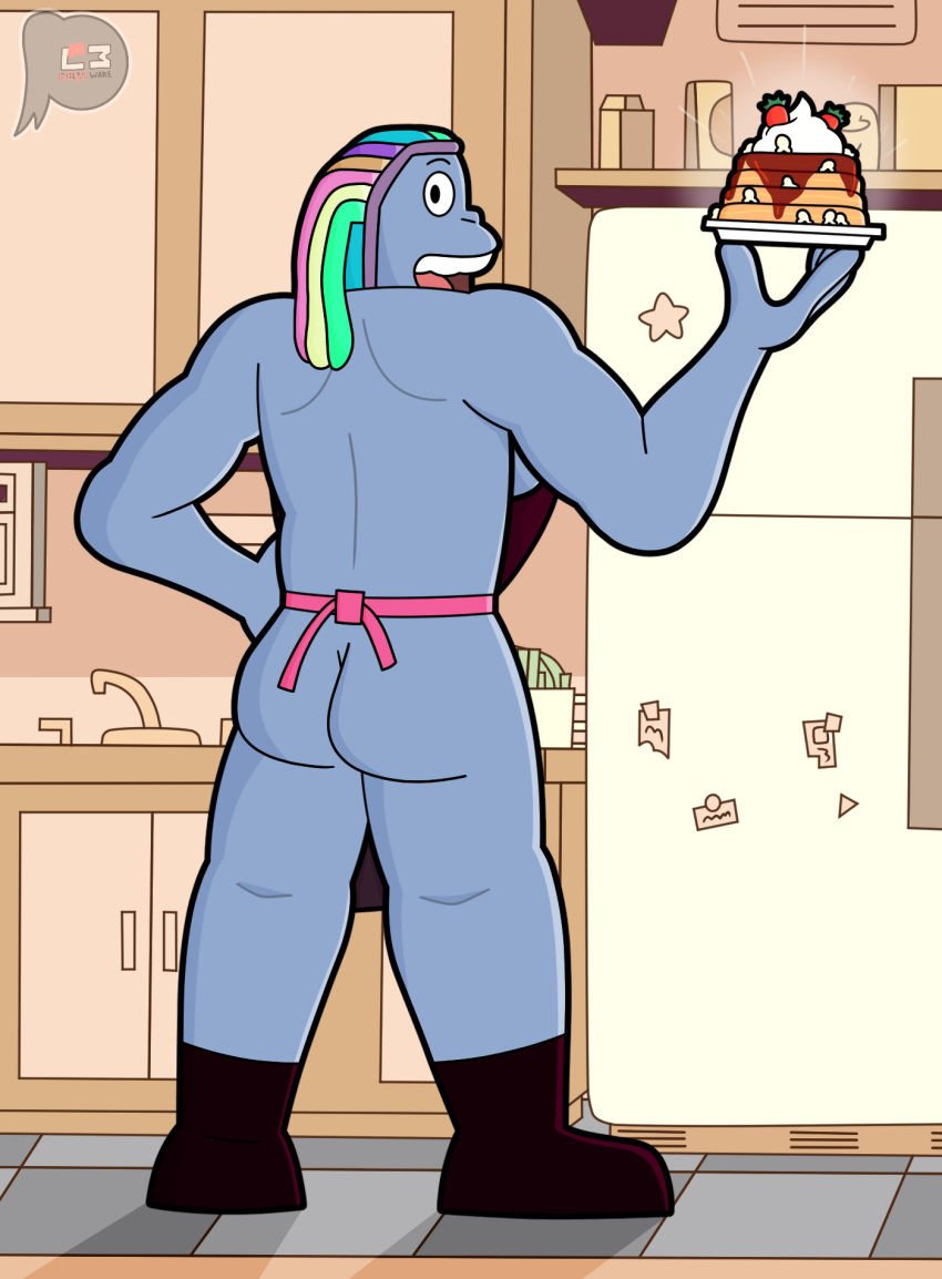 2022 alien alien_humanoid apron ass bismuth_(steven_universe) cartoon_network clothed clothing detailed_background digital_drawing_(artwork) digital_media_(artwork) female food gem_(species) hair hi_res holding_food holding_object humanoid lewdware looking_at_viewer shaded signature solo steven_universe