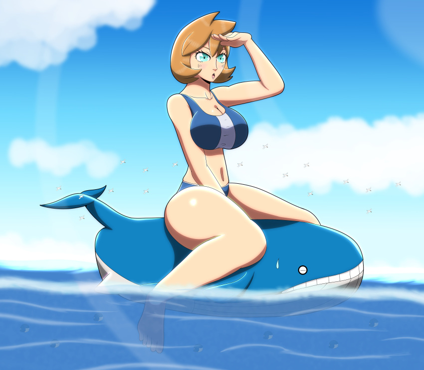 alternate_breast_size big_breasts giantess huge_breasts justdrawingjake kasumi_(pokemon) large_breasts pokemon swimsuit tagme thick thick_thighs tomboy wailord