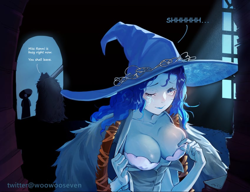 1girls 2boys big_breasts blaidd_(elden_ring) blue_skin blush breasts cleavage covering_nipples dialogue elden_ring female female_focus fromsoftware pinching_nipples preceptor_seluvis ranni_the_witch witch_hat woowooseven